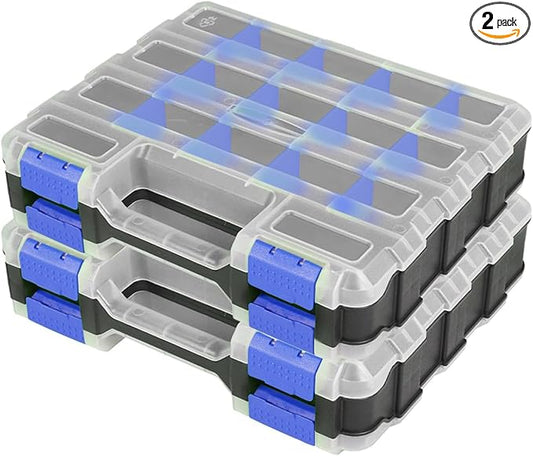 AIDY-PRO Hardware Organizer Box 34 Compartments Small Parts Organizer with Removable Dividers Durable Plastic Double Side Tools Box Screw Organizers For Nuts, Bolts, Screws, Nails 2Pack