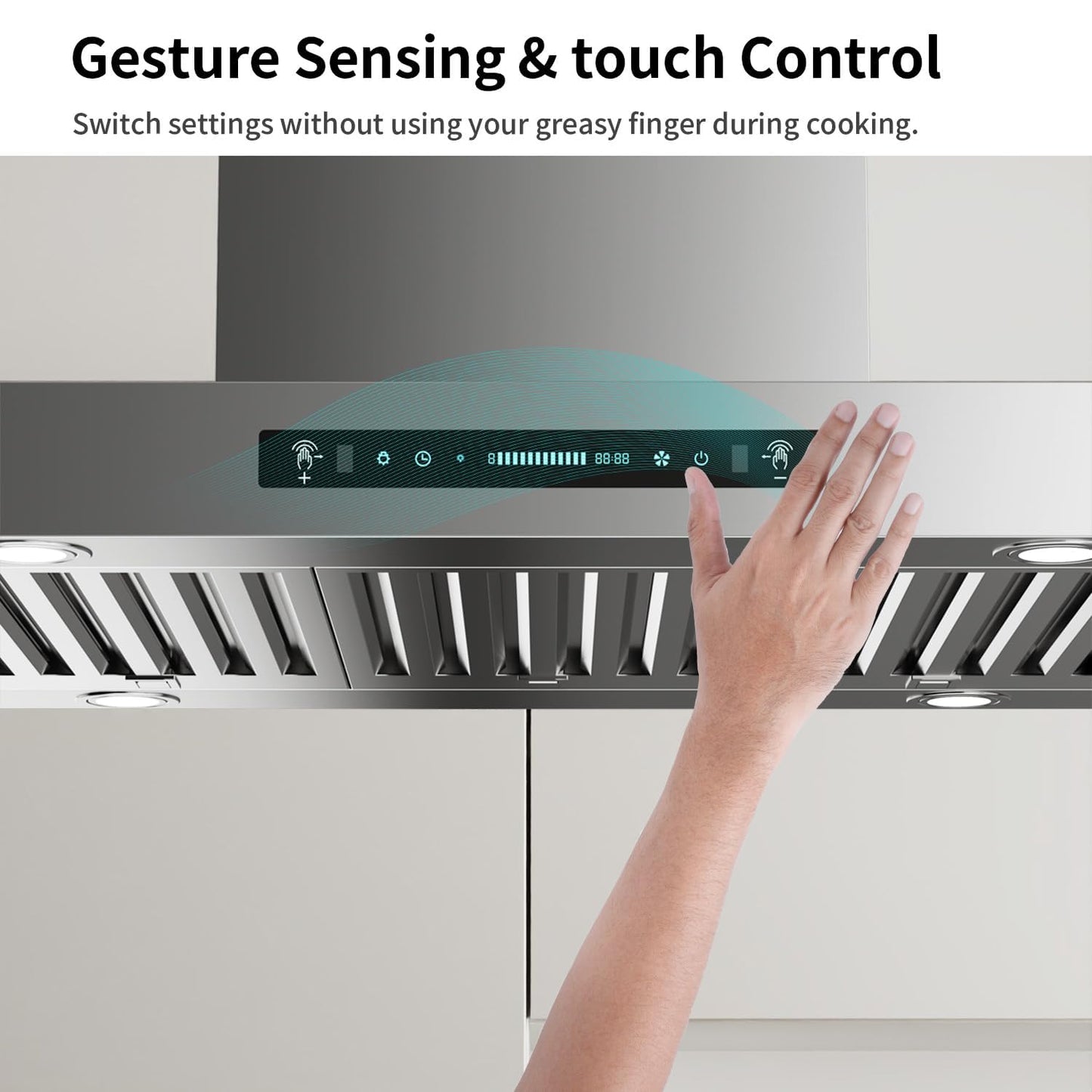 IKTCH Island Mount Range Hood 36 inch, 900 CFM Ducted Range Hood with 4 Speed Fan, Stainless Steel Hood Fan with Gesture Sensing & Touch Control with 3 Pcs Filter