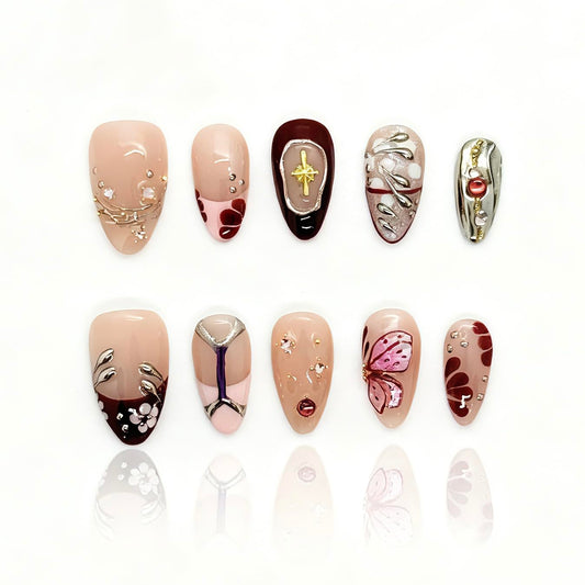 Reusable Press On Nails for Women & Girls - Short Almond Shape, Green Gradient with 3D Hand-Sculpted Florals, Holiday Party Manicure (D-Crimson Short, S)
