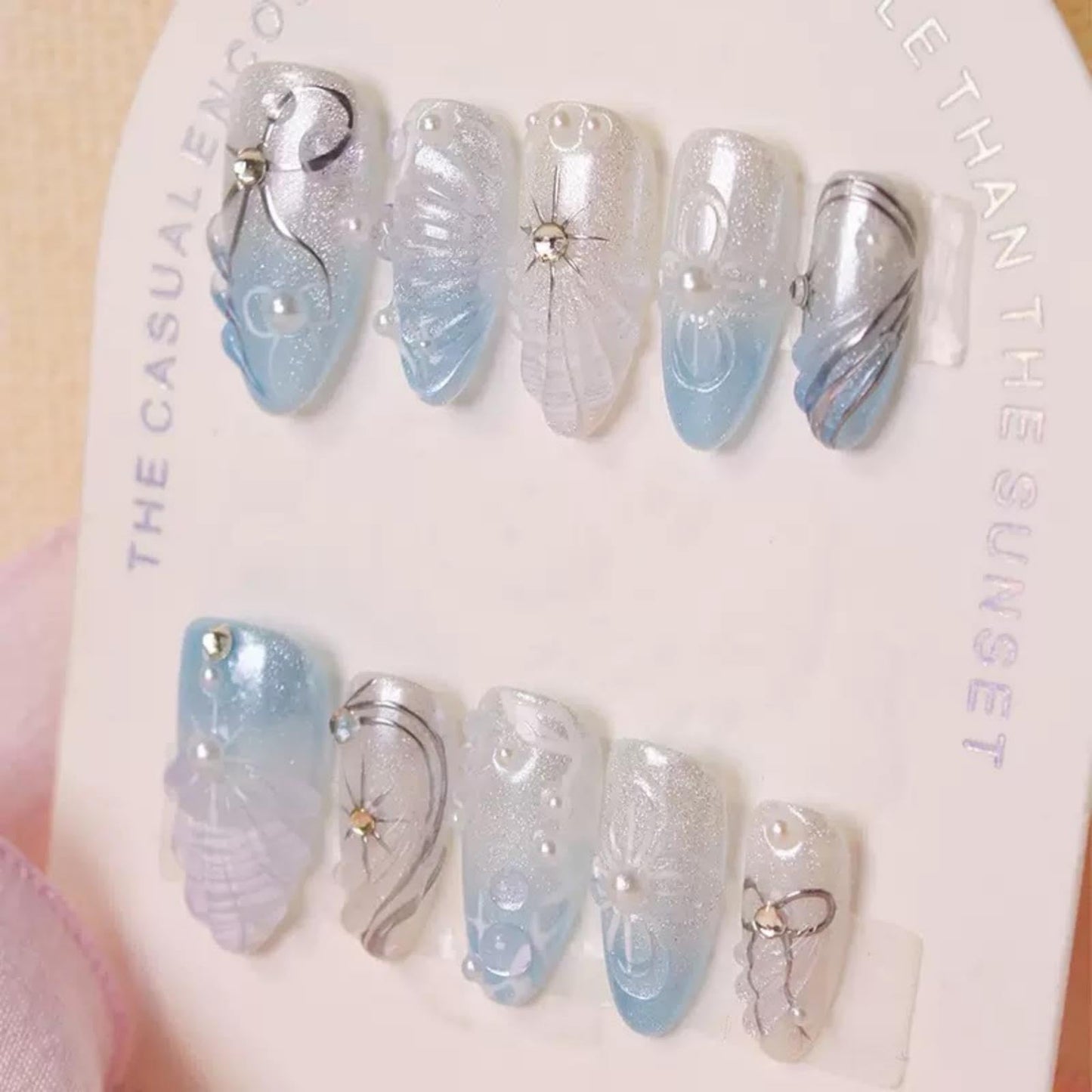 100% 5D Handmade Press on Nails with Charms Medium Almond Nails Press ons- Silver Seashell False Nails Ombre Blue White Press on Nails Summer Fake Nails for Women Girls Daily Wear DIY Manicure Size S