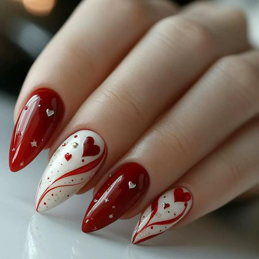 CTTHNBD Press on Nails Red - Medium Almond Fake Nails with Heart Design - Glossy Glitter Stick on False Nails - for Women 24 Pcs
