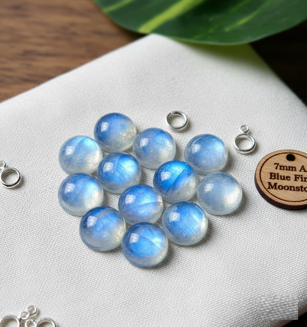 7mm Round Blue Fire AAA Quality Natural Rainbow Moonstone Calibrated Cabochon Loose Gemstone 11 pcs Box.