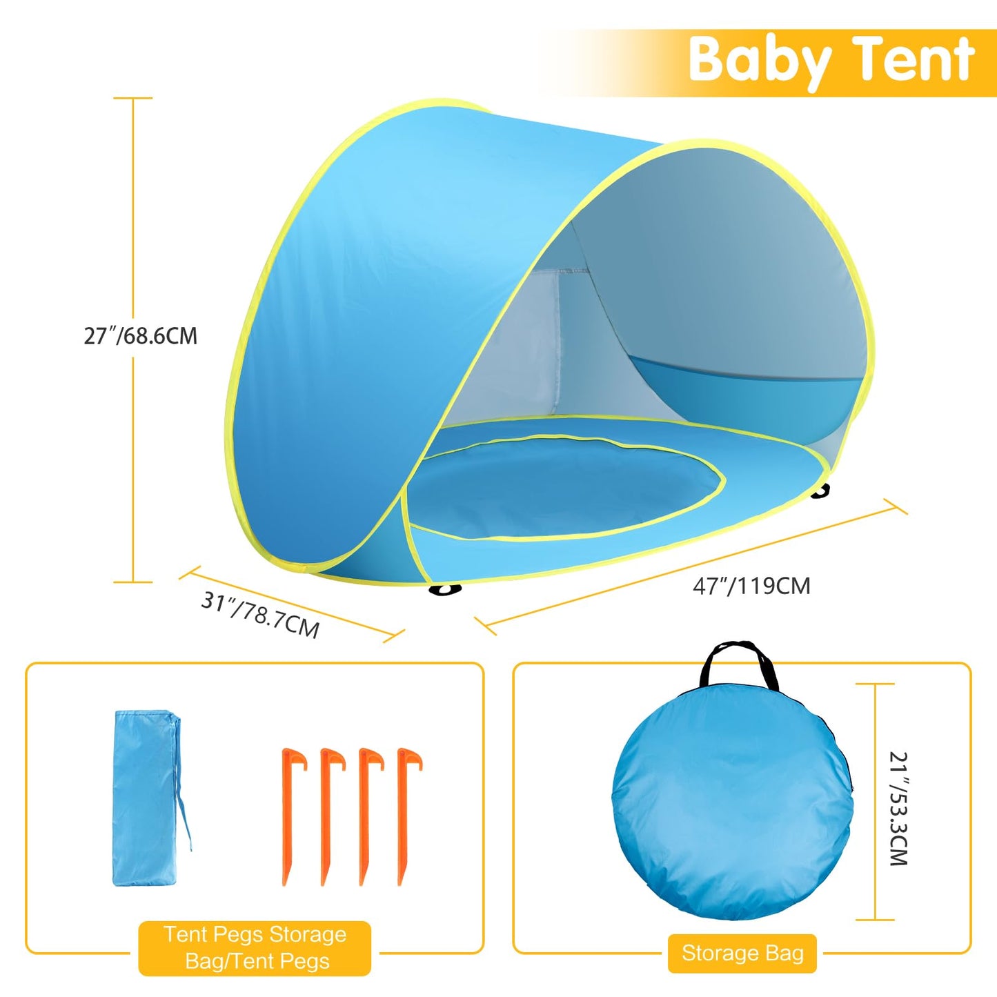 Baby Beach Tent with Pool, Pop Up Sun Shelter UPF 50+ UV Protection for Infant Toddlers, Portable Shade Tent with Carry Bag for Beach Outdoor Travel