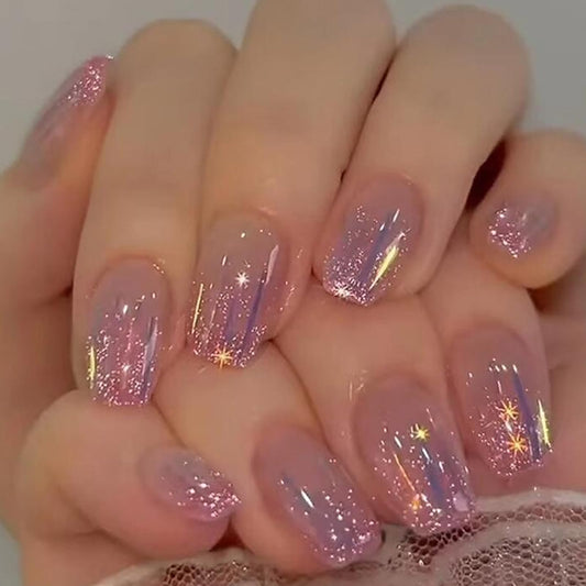 Short Press on Nails Square,RTKHFZE Glitter Fake Nails Glossy Nude False Nails Full Cover Acrylic Stick on Nail 24Pcs Nails Press ons for Women