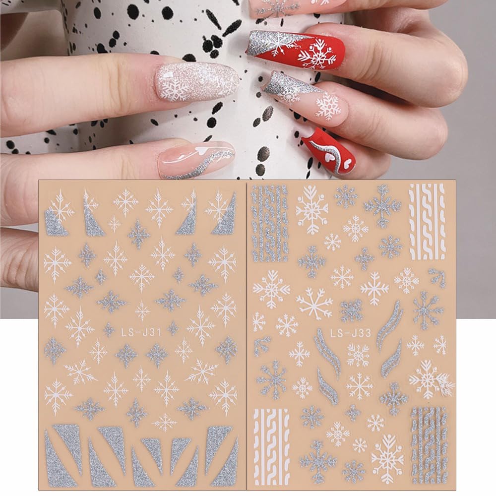 Christmas Glitter Nail Art Stickers Christmas Gold 3D Self-Adhesive Nail Stickers Sliver Snowflake Xmas Winter Nail Decals Nail Art Design Supplies for Women Nail Decoration
