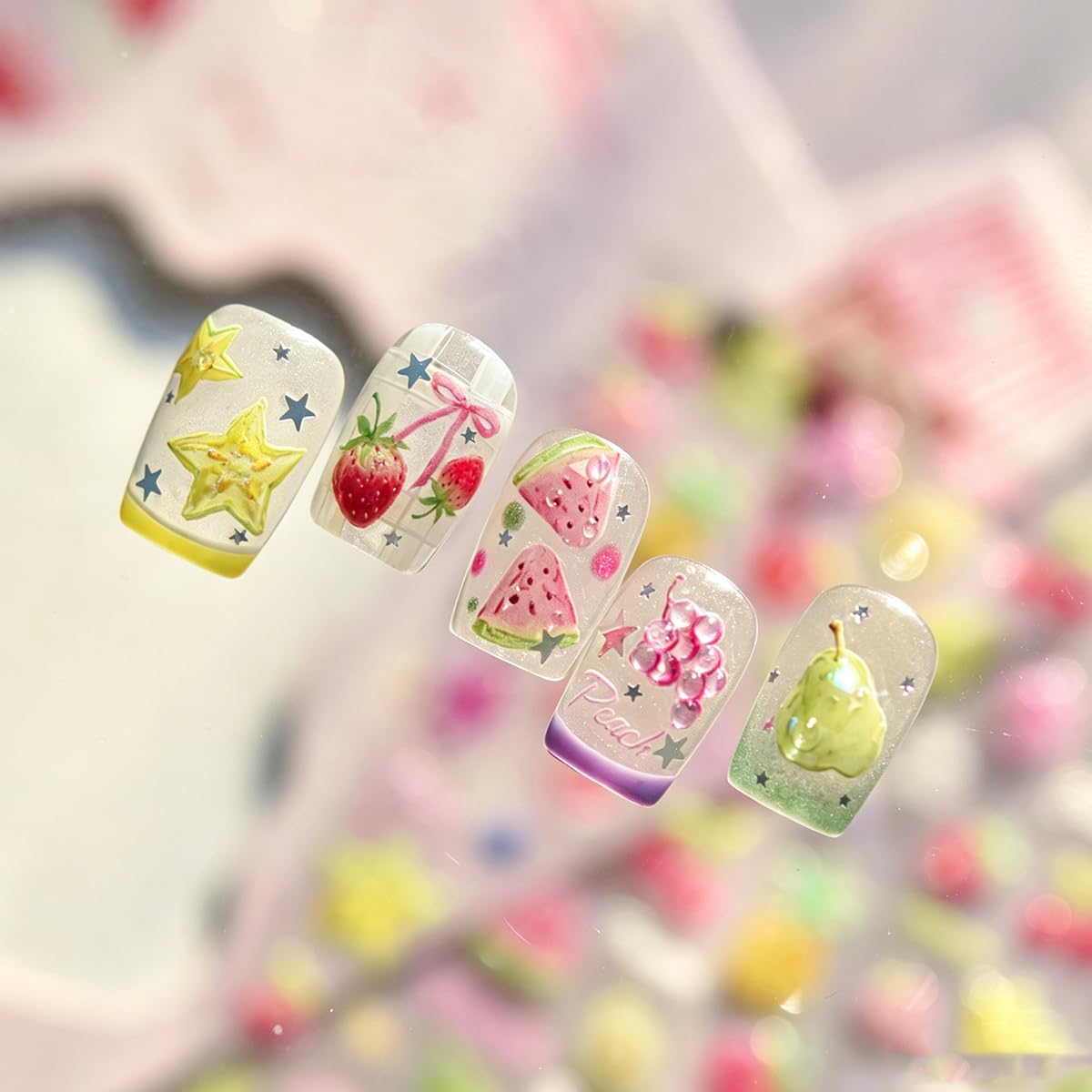 5D Embossed Nail Stickers Fruit Nail Decals with Design Summer Theme Nail Art Stickers Cute Self-Adhesive Nail Stickers for Nail Art for Women Girls DIY Manicure, 1 Sheet