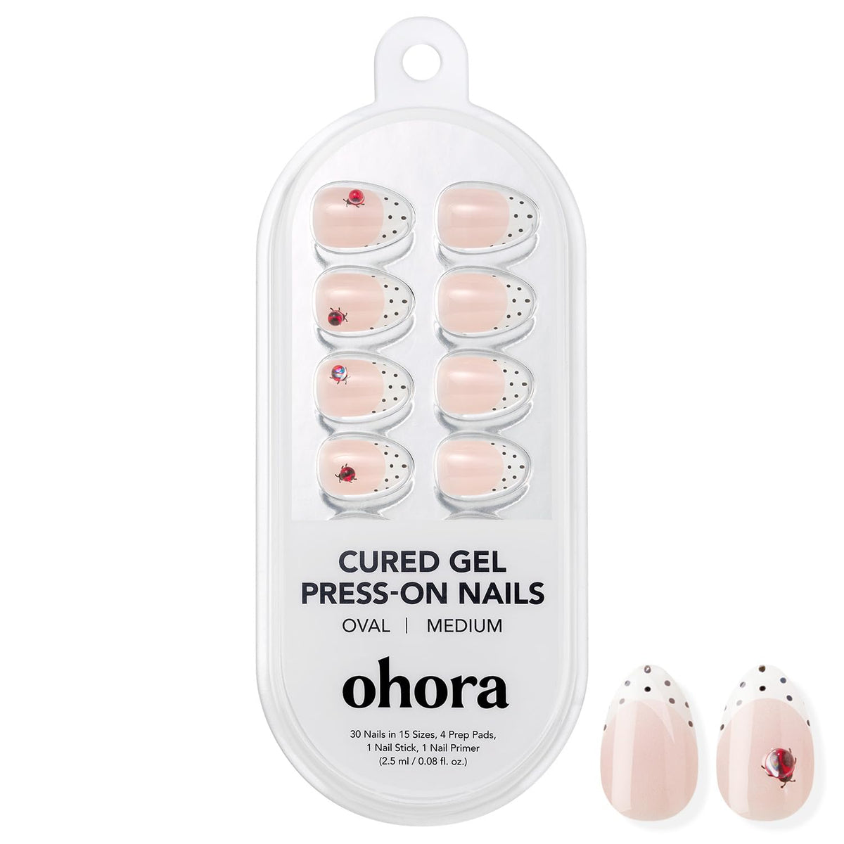 ohora Gel Press On Nails (Polka Lady) | Medium Oval, French White | 100% Real Gel, No UV Lamp, No Glue, Non-Toxic | 15 Sizes, 30 Tips | 14-Day Waterproof, Beginner Friendly