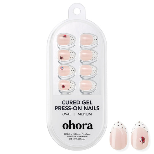 ohora Gel Press On Nails (Polka Lady) | Medium Oval, French White | 100% Real Gel, No UV Lamp, No Glue, Non-Toxic | 15 Sizes, 30 Tips | 14-Day Waterproof, Beginner Friendly