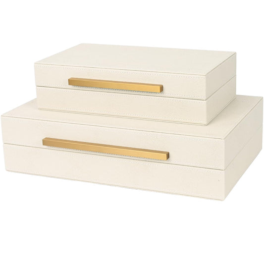ZIKOUL Beige Shagreen Decorative Storage Boxes – Set of 2 Faux Leather Jewelry & Memory Boxes with Gold Metal Handles, Nesting Photo Organizers for Home Decor, Gift, and Office Organization