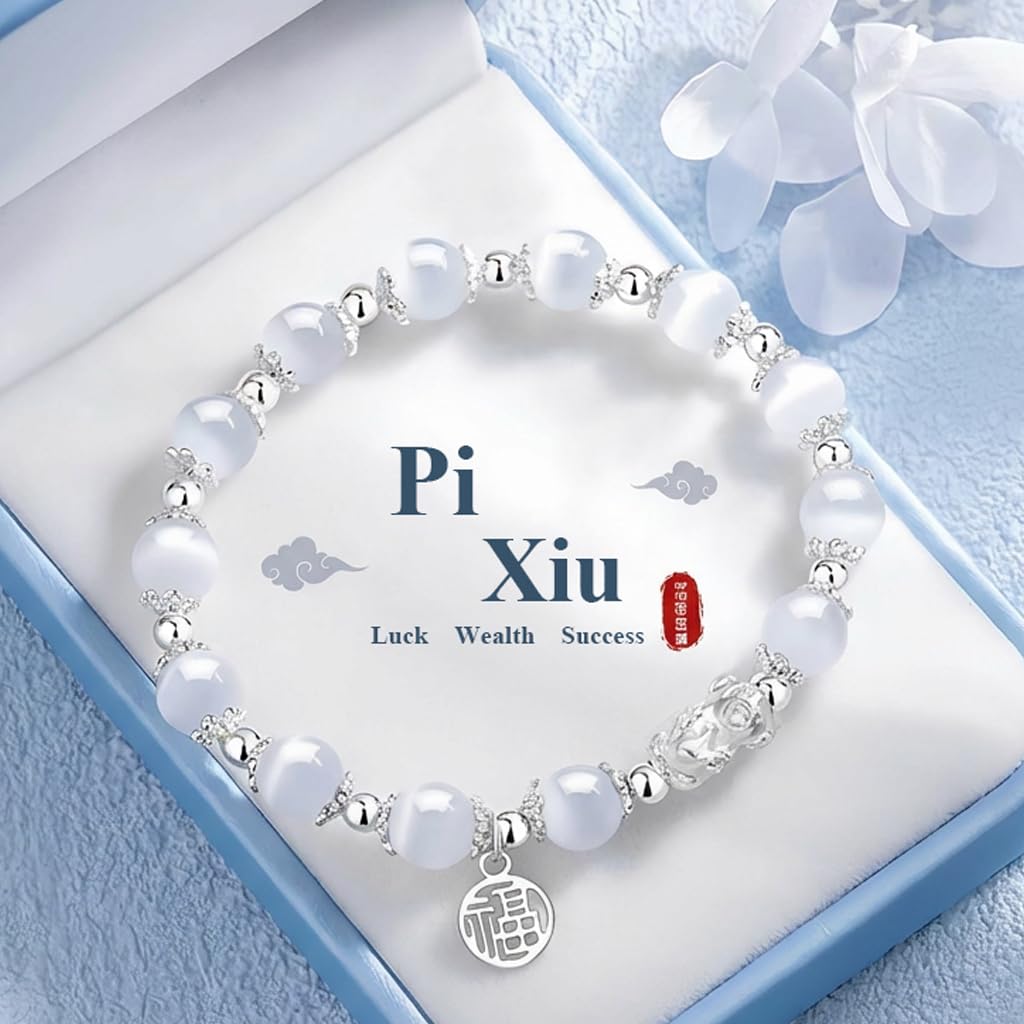 SoulPulse Lucky Pixiu Feng Shui Money Bracelet to Attract Wealth and Money,Elastic Cat eye Crystal Beaded Bracelets for Women Men,Fashion Charm Bracelet used for Work,Casual and Daily Wear