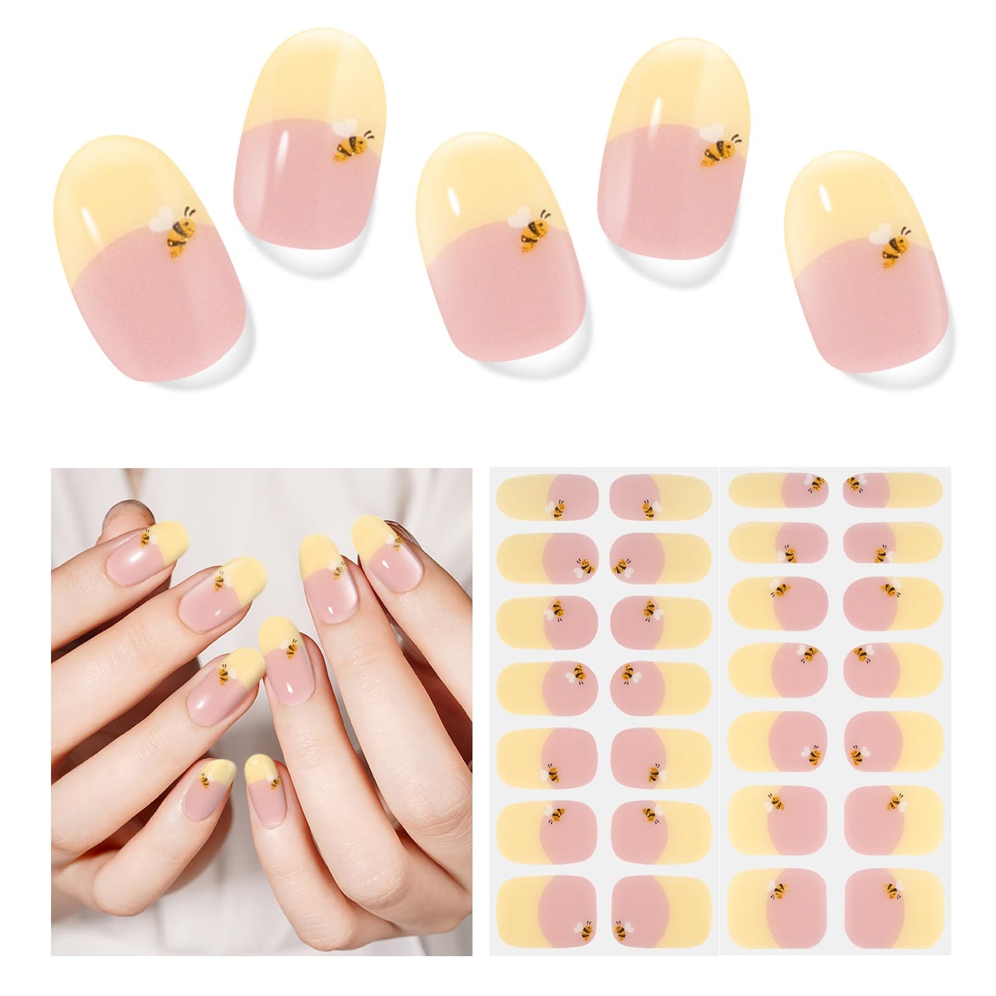 DUKASOU Semi Cured Gel Nail Strips,28 pcs French Gel Nail Stickers with UV Light Required,Long Lasting Nail Art Stickers, Easy to Apply（French Yellow）