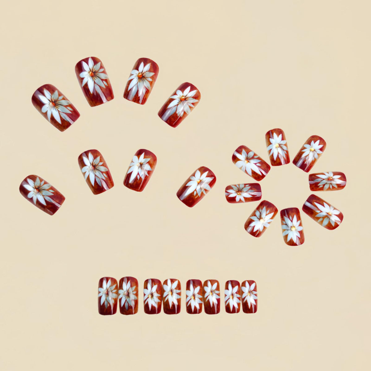 Medium Square Nails Burgundy Base Silver Bouquet Decoration Gold Stripes Glue on Nails Suitable for Manicure Artificial Nails Spring Fresh Style Elegant Shiny Delicate 24 Pcs