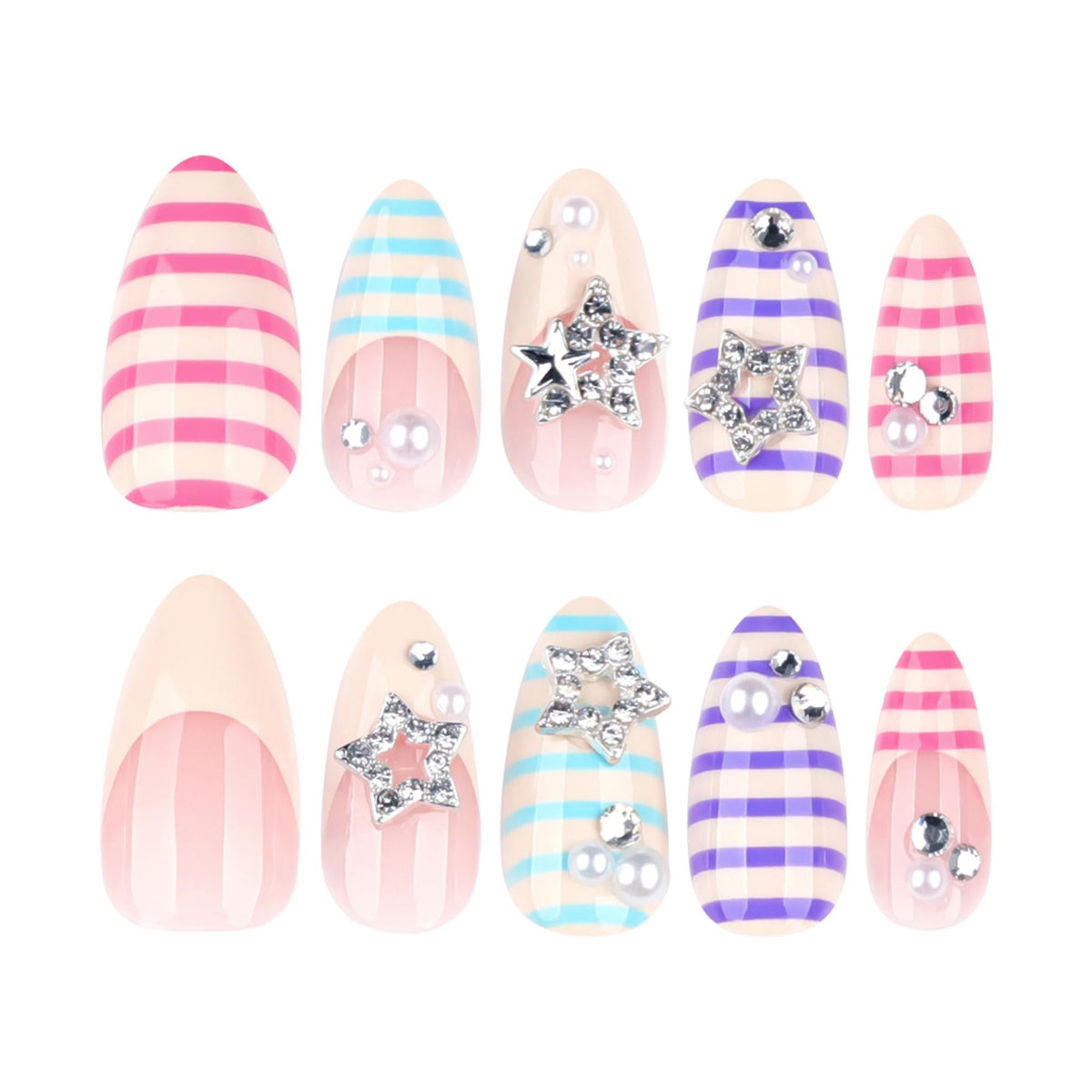 octoswave Press on Nails Long Almond Fake Nails French Artificial Nail Stripes Designs with 3D Stars Stick on Nail for Women 24pcs