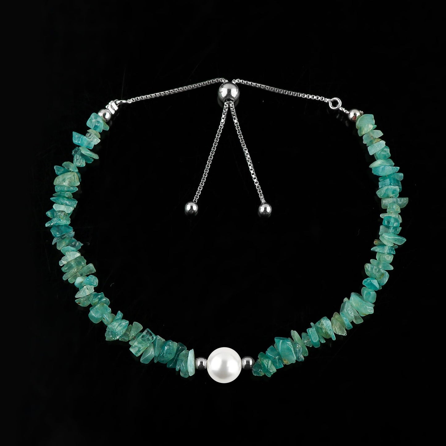 CRYSTALIS Natural Grandidierite Beads Slider Bolo Bracelet with Elegant Pearl, Uncut Chips Nuggets Crystals, Chakra Healing Gemstone, Women Jewelry, 925 Sterling Silver Slider 10 inch