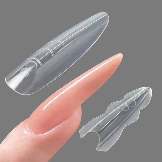 ESUOHYM 180 Pcs Sandwich Nail Forms Reusable Quick Nails Extension Mold for Builder Poly Gel,15 Sizes Bulider Dual Forms with Almond Shape Guide Lines Nail Art Tools Salon Home (Clear Oval)