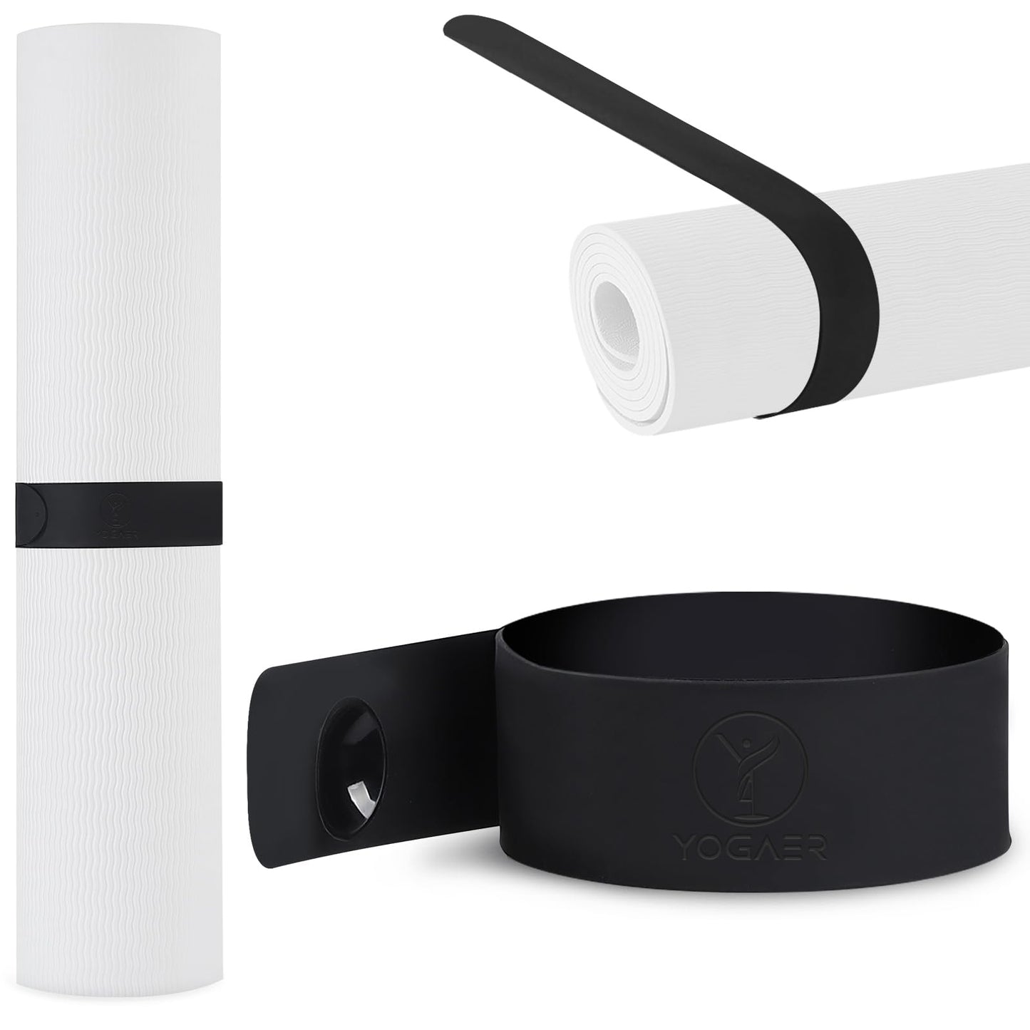 Yoga Mat Strap Slap Band- Extended Silicone Self-Rolling Mat Tie with Suction Cup Grip - Silent Snap Holder & Carrier for Thick Mats, Foam Rollers(25"L x 2""W) (Black)"