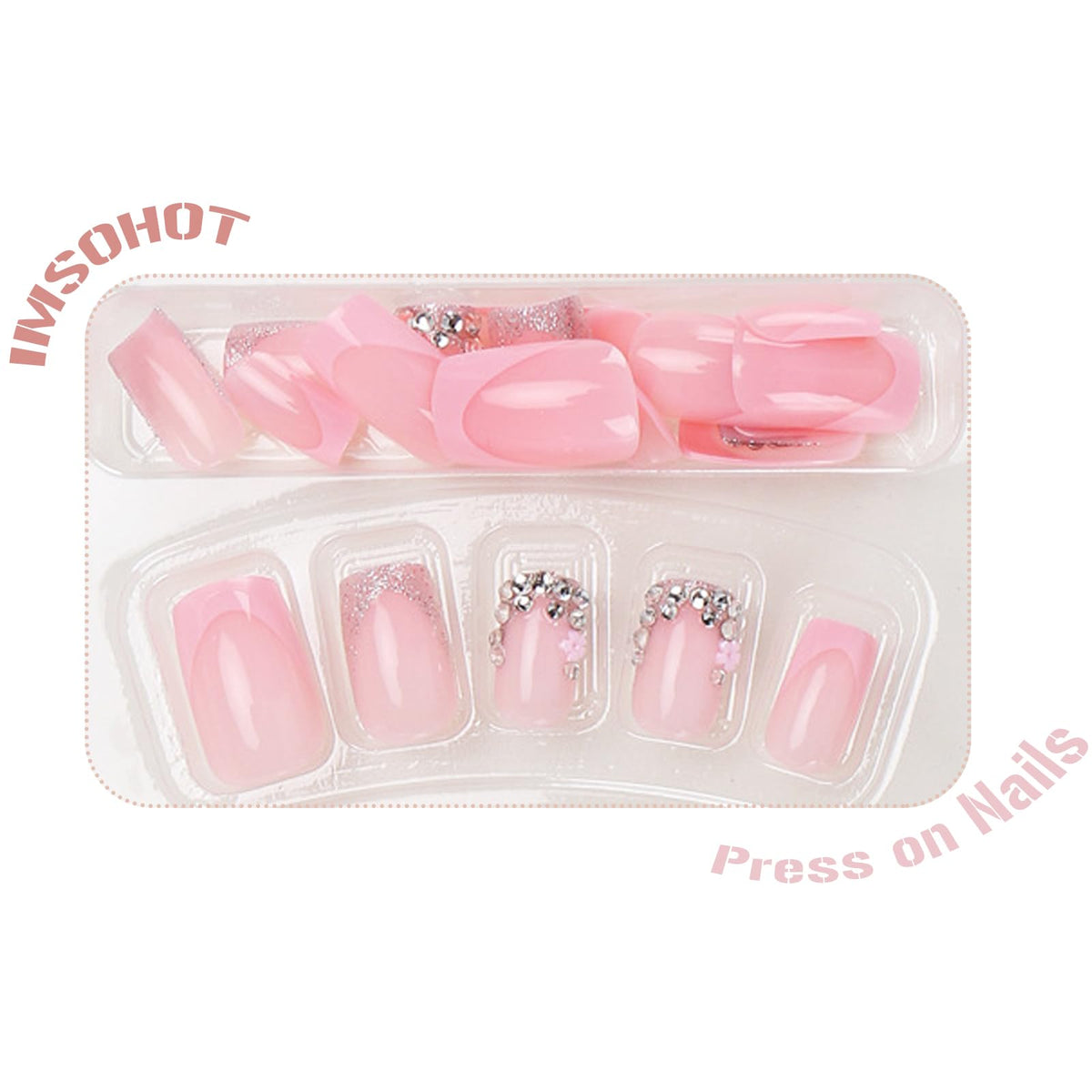 IMSOHOT Square Press on Nails Short Fake Nails Pink French Tip False Nails with Rhinestone & Flower Designs Full Cover Acrylic Stick on Nails for Women Girls Manicure Kit