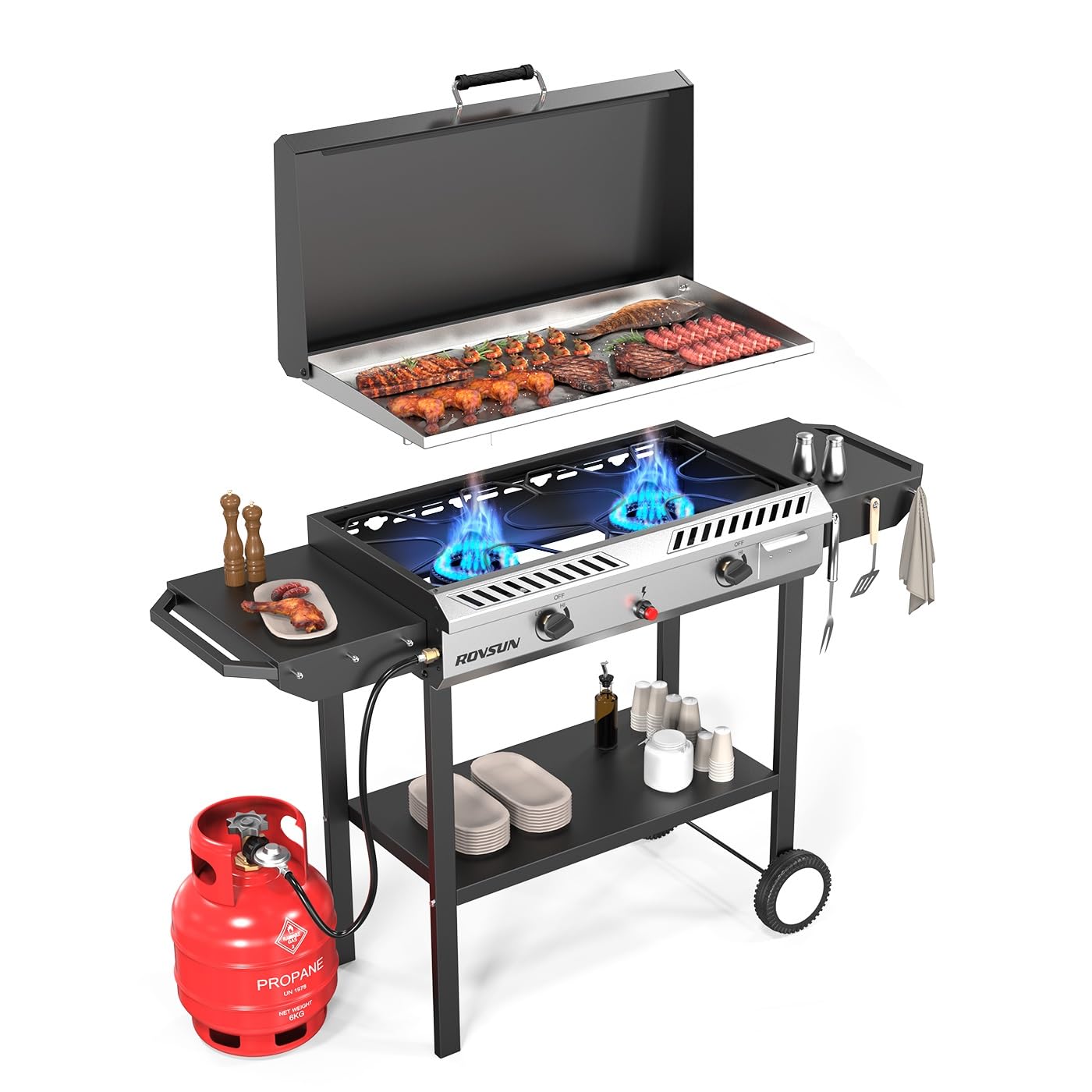 ROVSUN 2 Burner Outdoor Propane Gas Stove with Griddle, Auto-ignition, Regulator & Side Shelves, 150,000 BTU Powerful Stand Cooker for Backyard Cooking Home Brewing Canning Frying Grilling