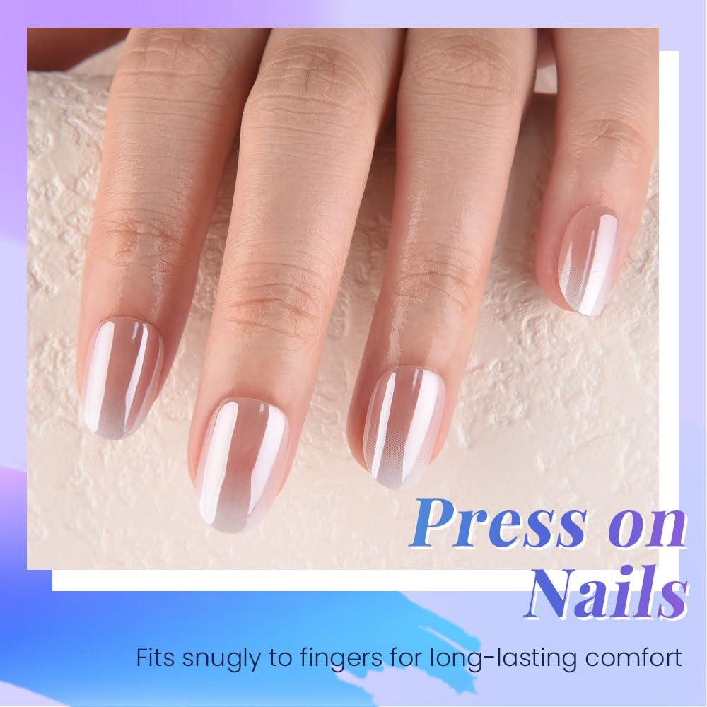 evpct Nude White Ombre Glazed Press On Nails Short Oval No Glue, Glazed Glossy Aurora Stick on Nail for Women, Reusable Full Cover Soft Press on Fake Nail Perfectly Fit with Ombre Design Salon-quality