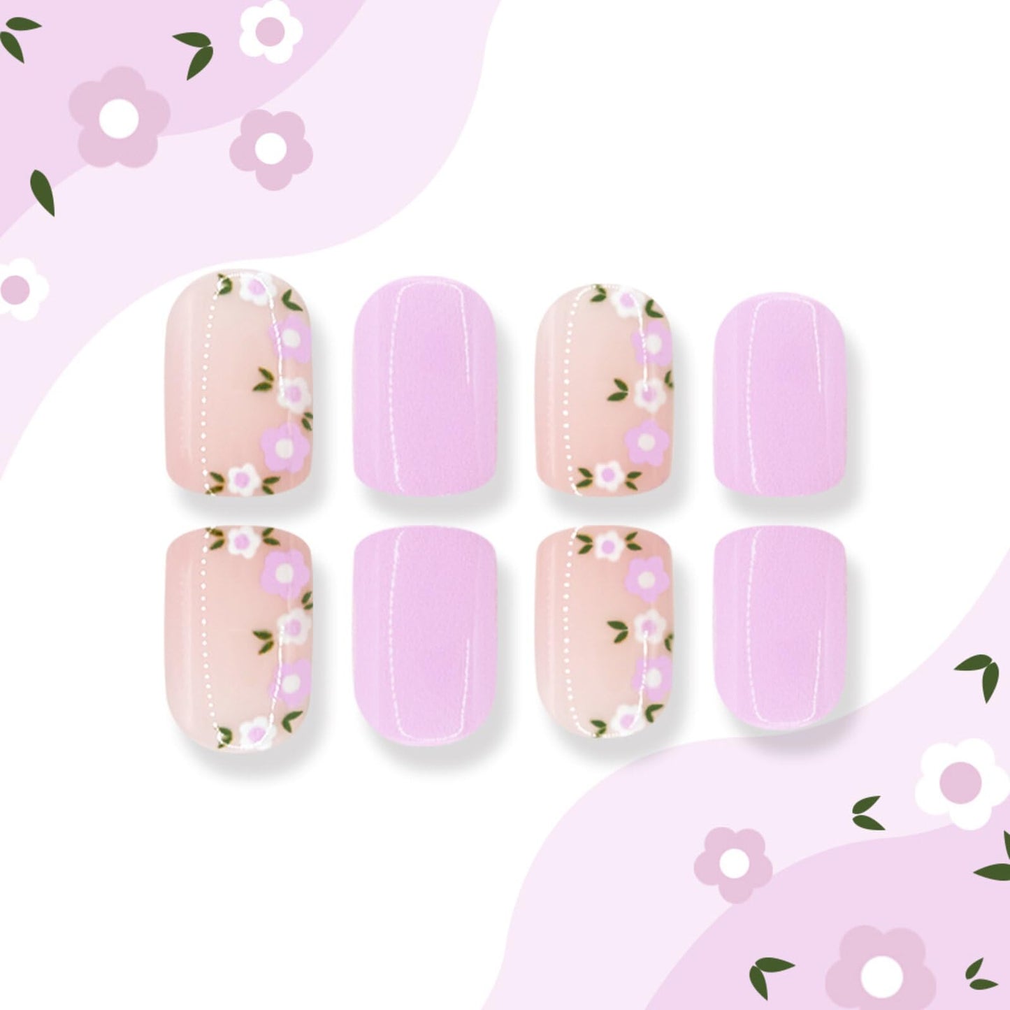 Floral Short Square Press on Nails Soft Nude Lavender Base Purple White Floral Accents Glossy Finish Reusable Spring Nails Easy Apply Fashion Party Wear Durable Trendy Women Girls Nail Art 24 Pcs