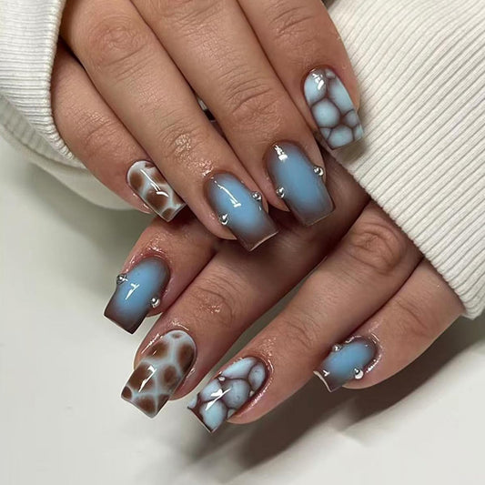 plalely Square Press on Nails Medium Blue Fake Nail Turtle Print Acrylic Nail Press ons With 3D Charm Stick on Nail for Women 24pcs