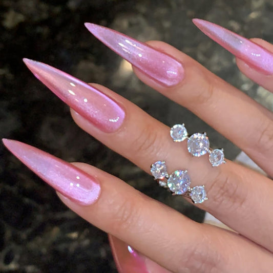 Pink Cat Eye Press on Nails Long Stiletto Fake Nails Ombre False Nails with Design Glitter Glue on Nails Full Cover Stick on Nail Elegant Artificial Acrylic Nail for Women Manicure 24Pcs