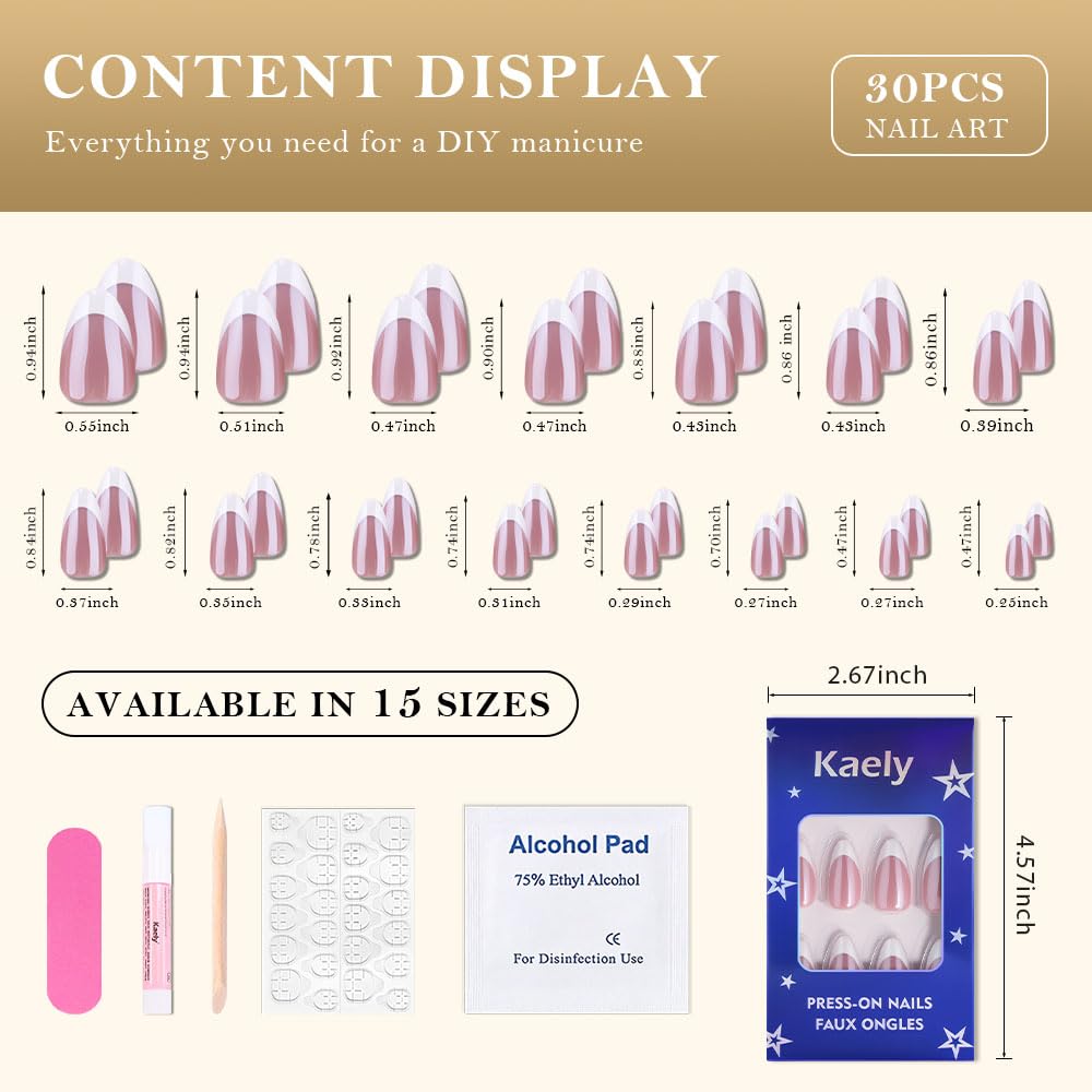 evpct French Tip Press On Nails Almond Medium, Mauve + White Tips, Chrome Glazed Glossy Medium Almond Fake False Press on Nails, Reusable Gel Stick on nail Press ons with Nail Kits, Salon Quality
