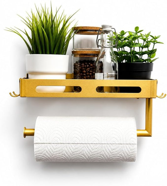 Paper Towel Holder Wall Mount with Shelf, Easy One Hand Tear, Adhesive Glue or Drill Mount Hanging Paper Towel Holder with Shelf for Kitchen/Bathroom/RV, Golden Metal, 4 Hooks