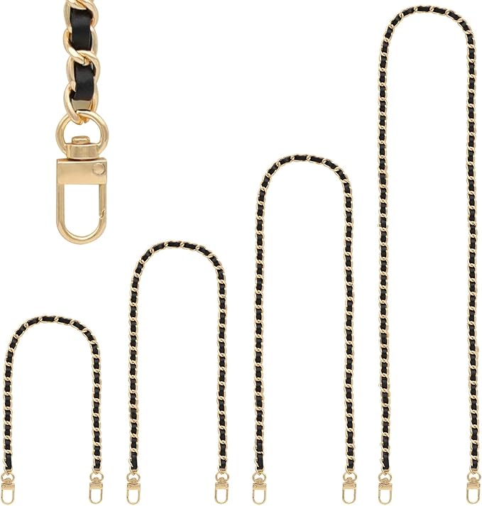 Gold Purse Chain & Strap, 4 Sizes - DIY Handbag, Shoulder, Crossbody Bag Chain - Leather, Braided - 15.4, 23.6, 31.4, 47.2 Inch - Black/Gold