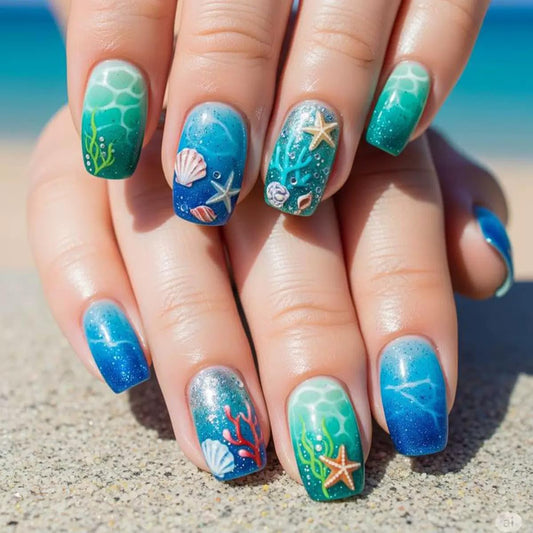 CTTHNBD Medium Press on Nails Square - Summer Fake Nails with Starfish Shell Design - Ombre Blue False Nails for Women 24 Pcs