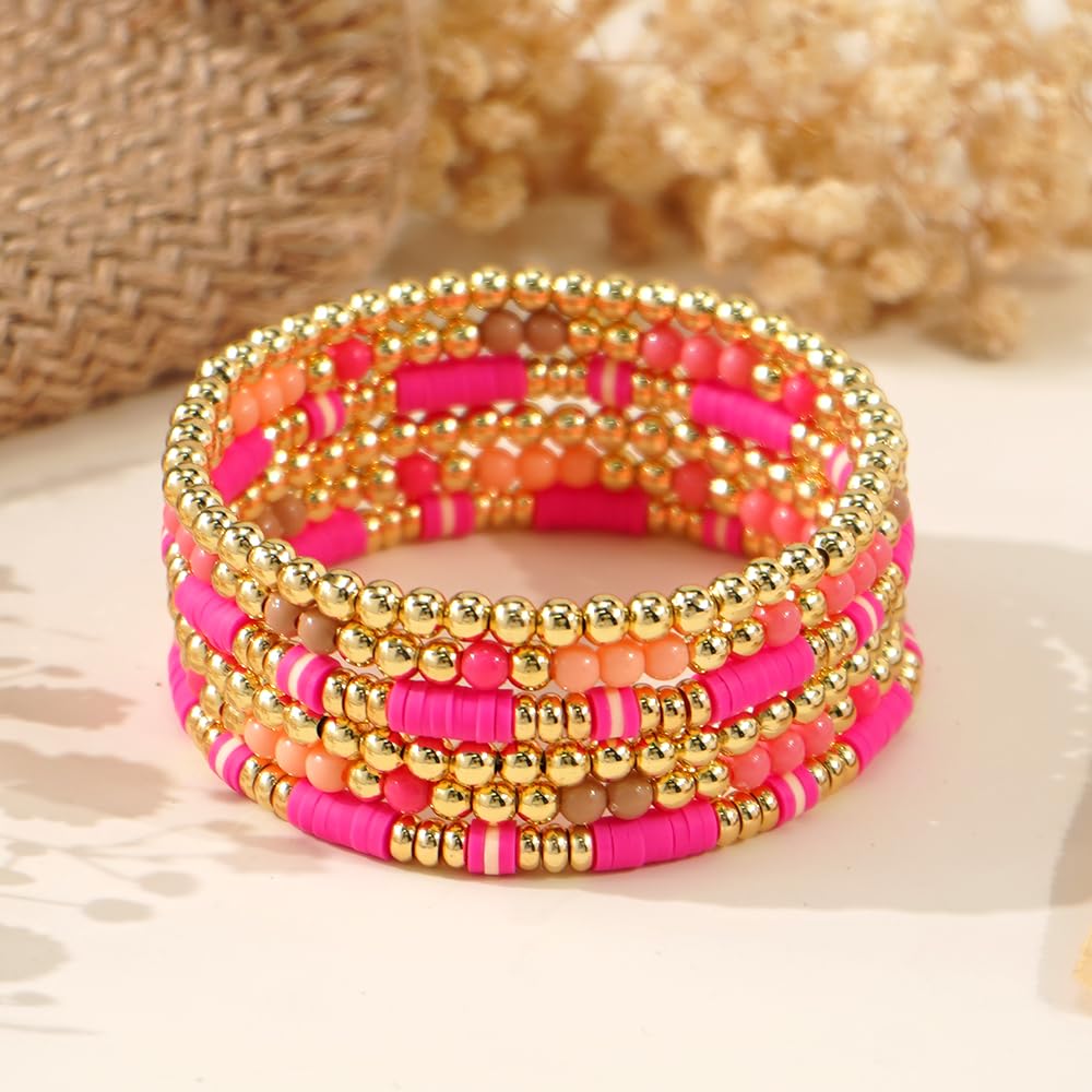 Bohxantium Gold Beaded Friendship Bracelets Stack for Women Boho Pink Heishi Clay 14K Gold Plated Beads Ball Stackable Stretch Surfer Colorful Preppy Bracelet Trendy Jewelry Daily Wear Birthday Gift