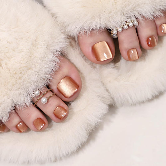 Gold Press on Toenails Short Square Fake Toe Nails Shiny Glitter Acrylic Toenails Bling False Toenails with Finish Amber Designs Glossy Artificial Glue on Nails for Women Girls 24Pcs