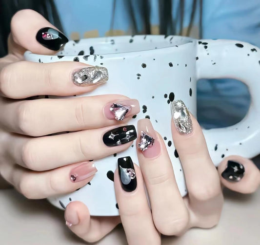 Handmade 10Pcs Dark Press on Nails Fake Nails with 3D Y2k Irregular Silver Design Pearl Jewelry False Nails Glitter Artificial Glue on Nails Gothic Stick on Nails for Women (MT-115, L)