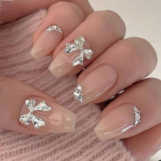 Vopintpy 3D Silver Bow Press on Nails Short Square Fake Nails with Design Nude Glossy Acrylic Glue on Nail Reusable Full Cover Artificial Stick on Nail for Women DIY Manicure