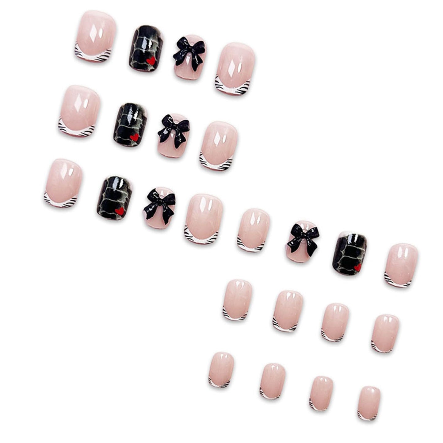 IMSOHOT Short Square Press on Nails with 3D Bow Charm Designs Black White French Tips Fake Nails Acrylic Full Cover Glossy False Nails Glue Stick on Nails for Women Girls 24Pcs