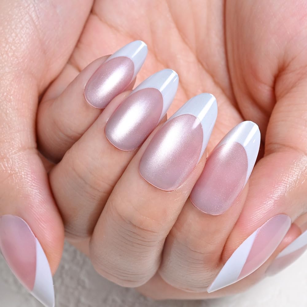 evpct Pale Nude Cat Eye French Tip Press on Nails Almond Medium No Glue, White French Tip Medium Almond Holographic Stick on Nails for Women Gift, Reusable Full Cover Soft Press on Nail Perfectly Fit
