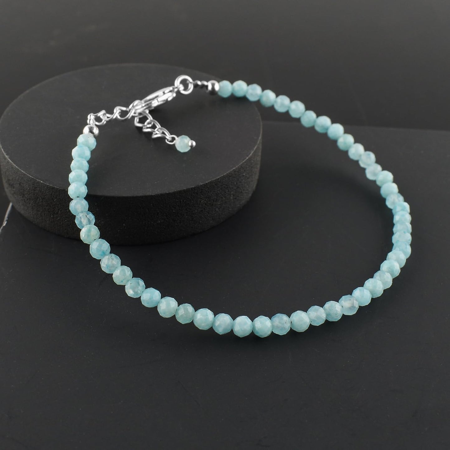 Natural Larimar Jewelry for Women Dolphin Stone- Pectolite -Sea- Caribbean Gemstone Beads Dainty Bracelet, Birthstone Energy Crystals, Silver Plated Chain 8 inch, Trendy Jewelry For Her