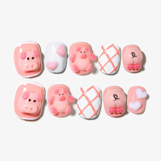 Sun&Beam Nails Handmade Press-on Short Square Round Pink White Pig Design Fashionable False Nail Tips 10 Pcs Set (#157 S)
