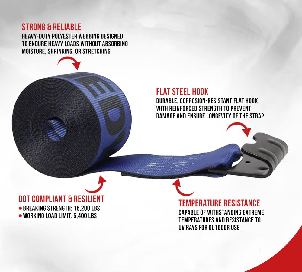 Mytee Products Kinedyne Winch Straps 4" x 30"" Blue Heavy Duty Tie Down w/Flat Hooks WLL# 5400 lbs | 4 Inch Cargo Control for Flatbed Truck Utility Trailer (10 Pack)"