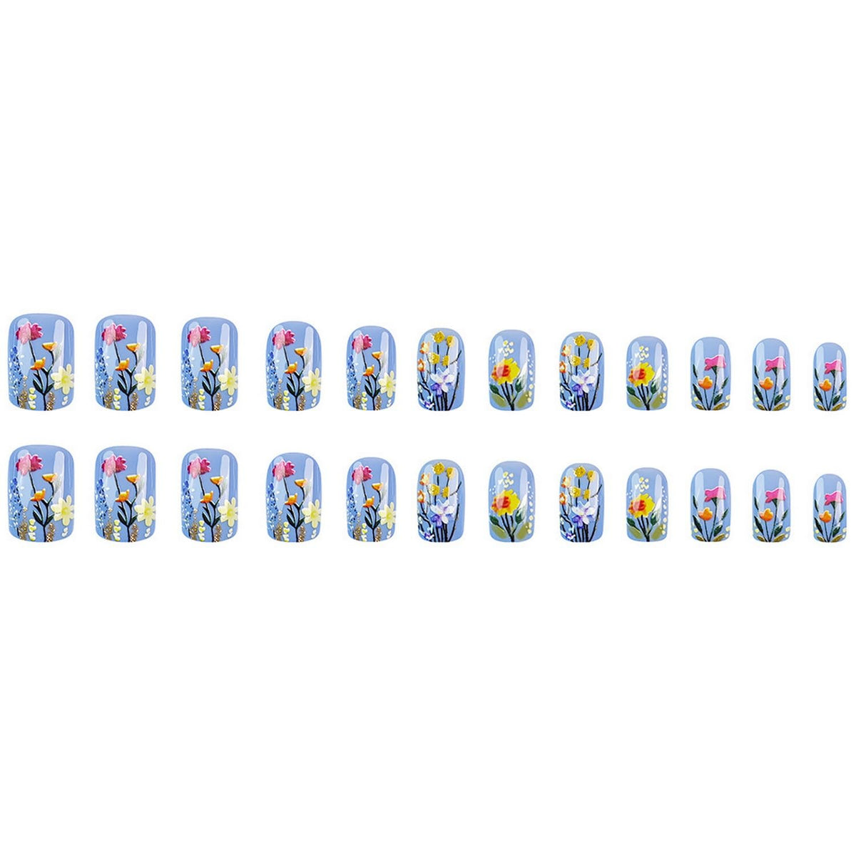 Floral Press on Nails Short Square Fake Nails Glossy Full Cover Flower design Acrylic Nails False Nails 3d Spring Glue on Nails Reusable Floral Nails Blue Stick on Nails for Women Art Manicure24pcs