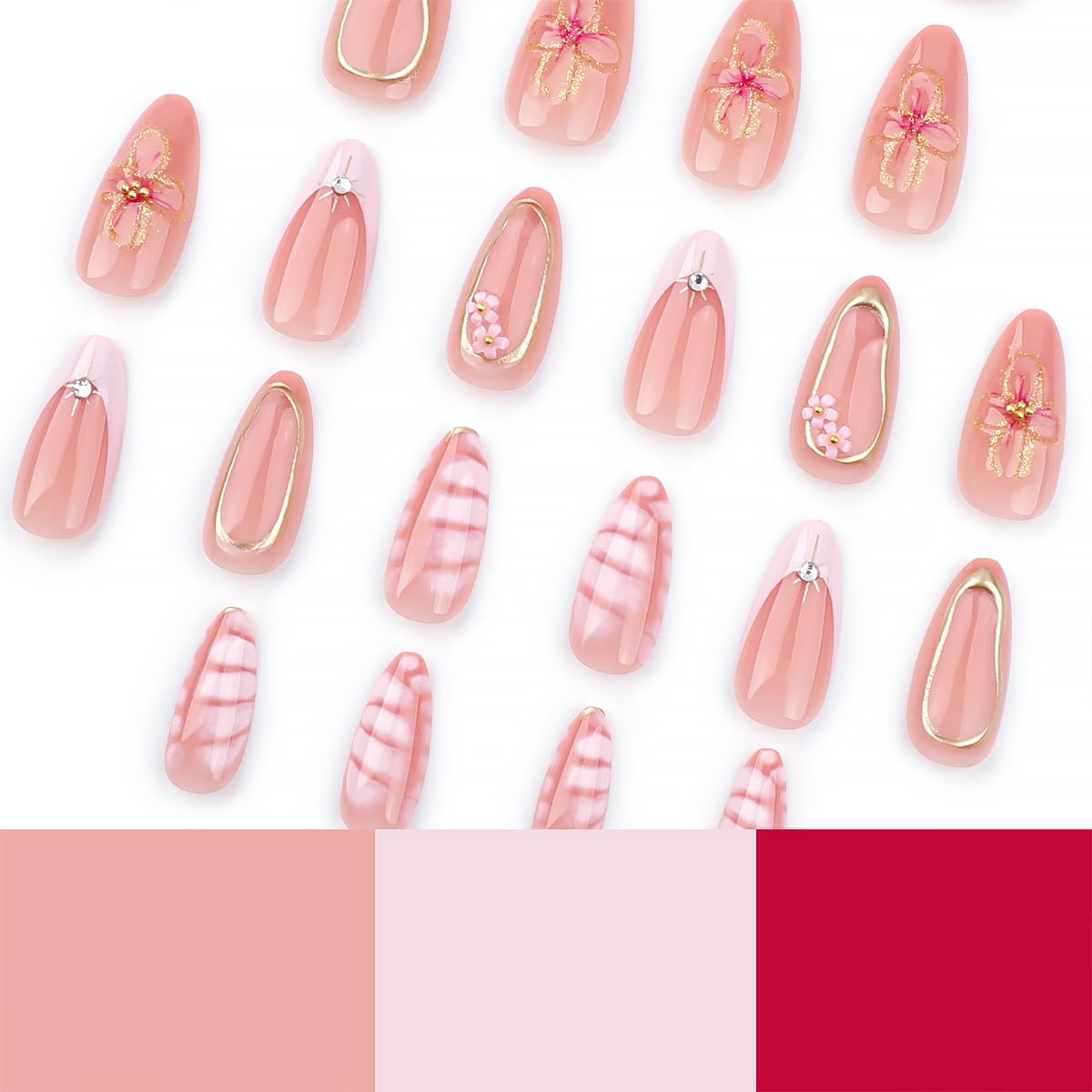 24Pcs Short Almond Press on Nails French Tip Fake Nails Acrylic Nail Kit 3D Flower Pearl Charms Full Cover Tips Stick on Nails Pink False Nails Spring Nails for Women Girls Manicure Salon Decorations