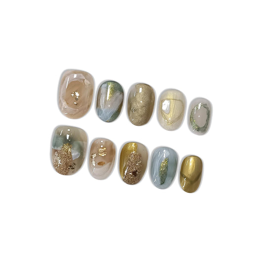 Hantyer Golden Ombre Press on Nails with 3D Glitter Flakes & Gold Foil, Short Oval Glossy Soft Glam Fake Nails, Reusable Elegant False Nails for Women Fall Winter Season Party, Size S