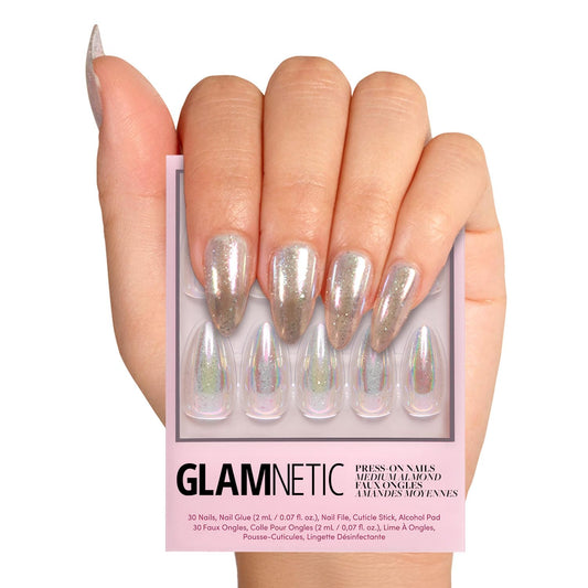 Glamnetic Press On Nails - Stardust | Medium Pointed Almond, Holographic Fake Nails, Salon Quality | 15 Sizes - 30 Nail Kit with Glue