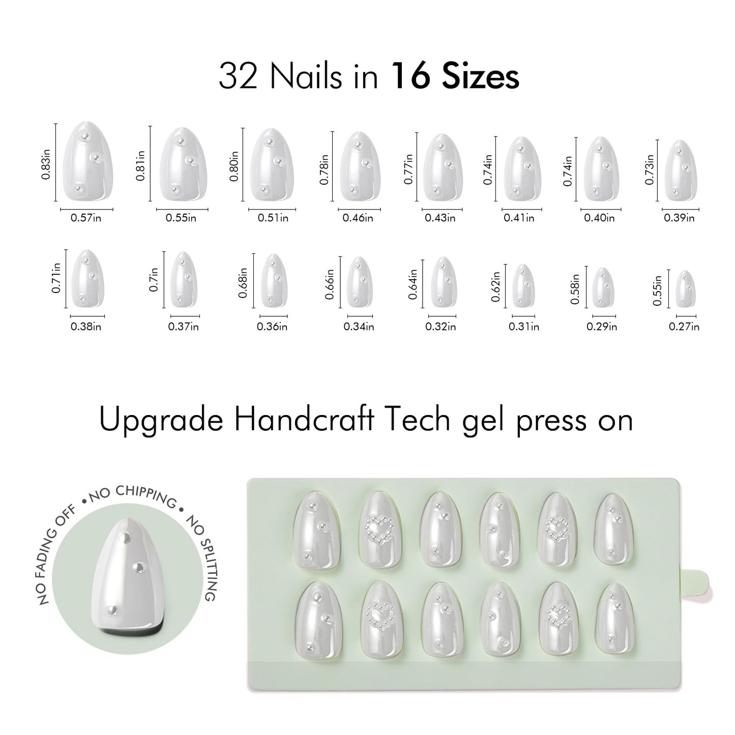 VSALON Short Almond Press on Nails - White Chrome Glazed 3D Pearl Design Fake Nails, Spring Summer Reusable Gel Salon Quality Glue on Nails & Cuticle Oil - 32 PCS Stick on Nails in 16 Sizes