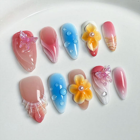 Luxury Press on Nails Medium Almond Handmade 3D Unique Reusable ABS Material Fake Nails Pink&Blue False Nails with Designs Butterfly Yellow Flower Art Petal Glossy Glue on Thick Acrylic Nails(M)