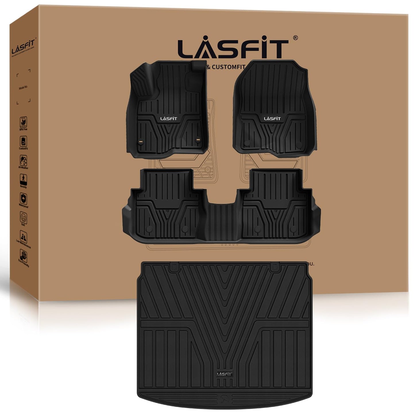 LASFIT Floor Mats and Cargo Liner for Honda CR-V 2026 2025 2024 2023 (Gasoline & Hybrid & e:FCEV), All Weather TPE Car Trunk Mat (Upper Position), 1st & 2nd Row & Trunk Liner Full Set Black