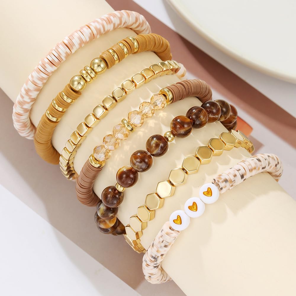 YEOSMINE Boho Heishi Clay Beaded Stretch Bracelets Stack For Women, Preppy Teens Friendship Gold Bracelets Cute Beach Surfer Accessories Bulk Set Trendy Fashion Jewelry