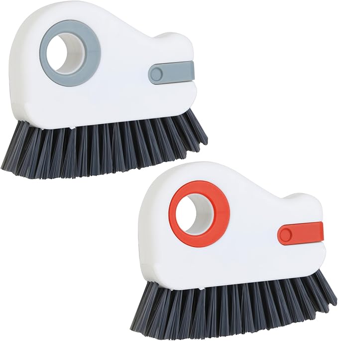 2 in 1 Groove Cleaning Brush, Grout Cleaner Tool & Multifunction Window Track Cleaner (with Hidden Scraper or Mini Dustpan) â for Glass Door Tracks, Window Sills, Sliding Doors (Orange + Grey)