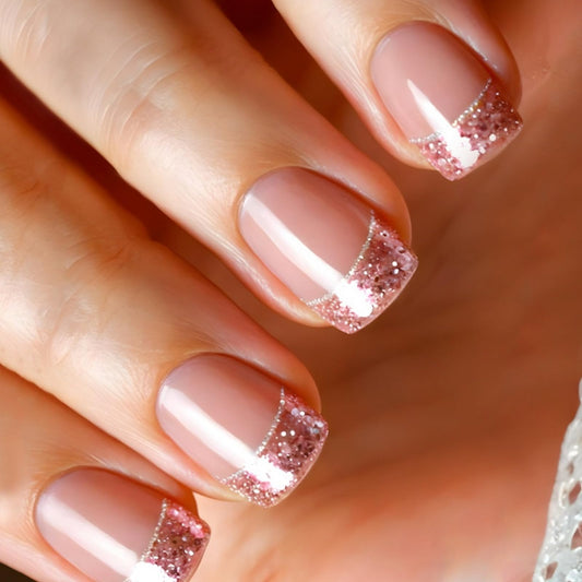 Pink French Tip Press on Nails Short Square MABKJLF Fake Nails False Nails with Glitter Designs Full Cover Glossy Glue on Nails Acrylic Nails for Women Girls 24Pcs