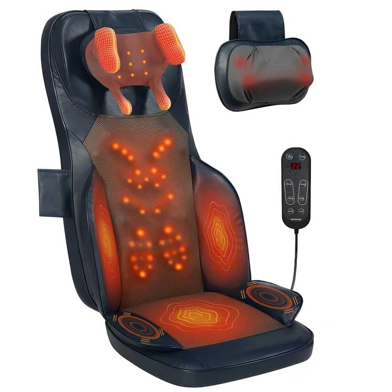 BWPIWPR Shiatsu Massage Cushion for Neck and Back with Heat - 4D Kneading, Vibration for Relief Muscle Tension, Dual-Neck Design, Adjustable Intensity and Height for Office Chair, Home Use, Navy Blue